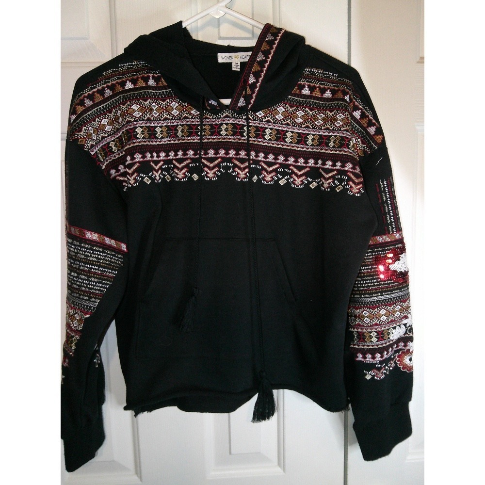 Woven Heart Pullover‎ Hoodie Aztec Print Drawstring Black Medium